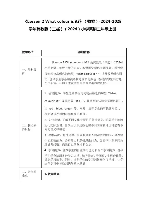 《Lesson 2 What colour is it》教案冀教版(三起)2024小学英语三年上册