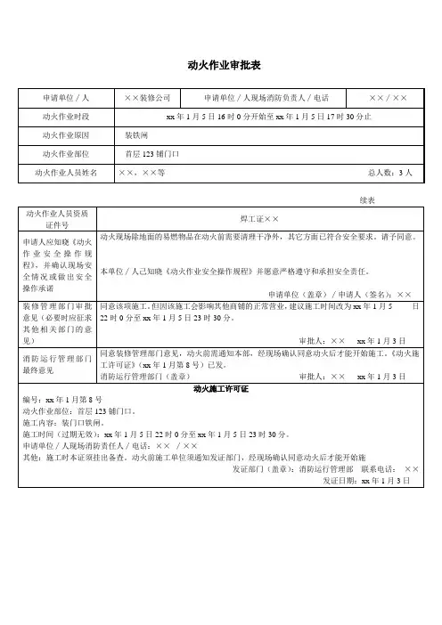 动火作业审批表