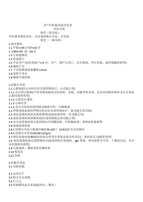 最新孕产妇妊娠风险评估分级-颜色分级