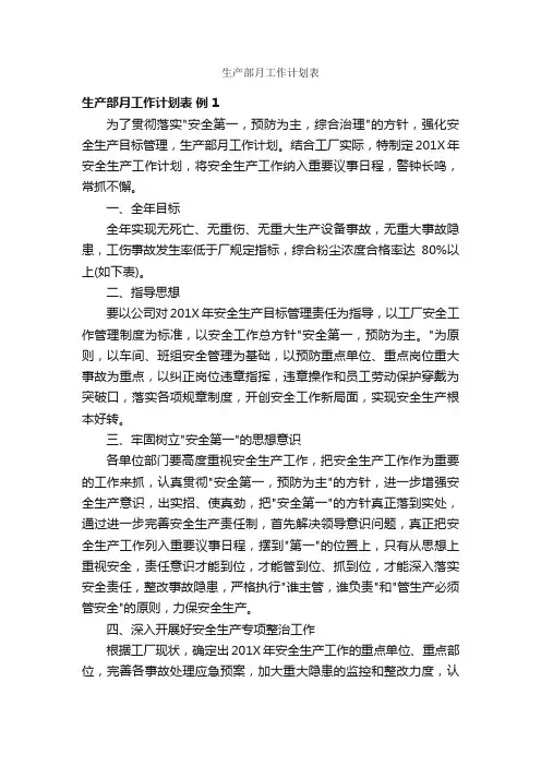 生产部月工作计划表