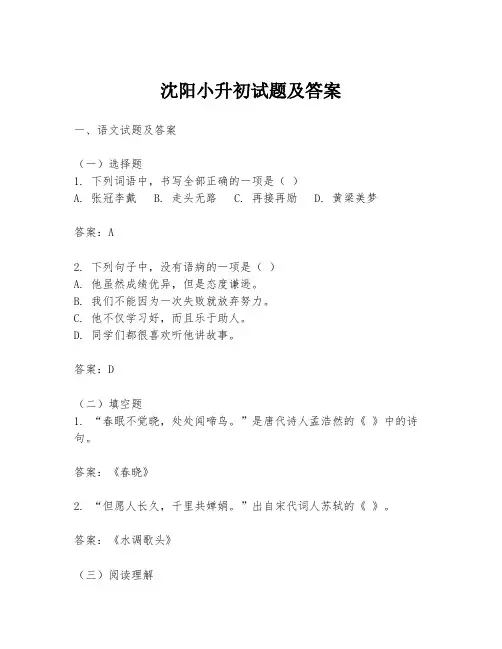 沈阳小升初试题及答案
