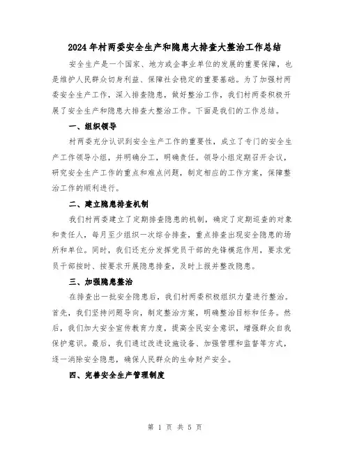 2024年村两委安全生产和隐患大排查大整治工作总结(二篇)