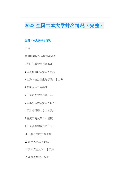 2023全国二本大学排名情况(完整)