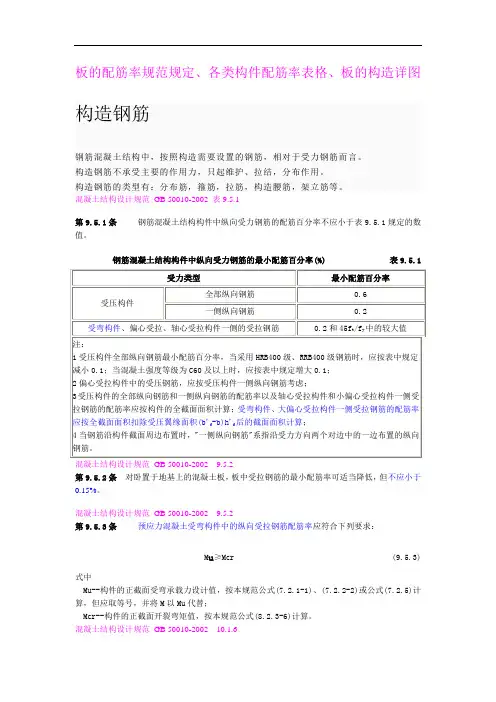 结构配筋率规范规定、各类构件配筋率表格、板的构造详图