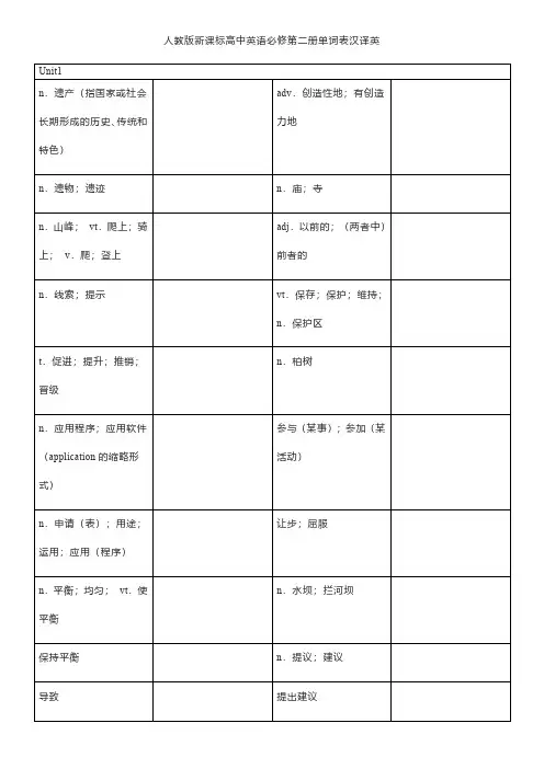 人教版新课标高中英语必修第二册单词表汉译英