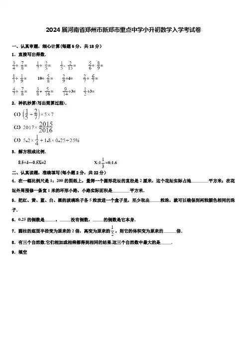 2024届河南省郑州市新郑市重点中学小升初数学入学考试卷含解析