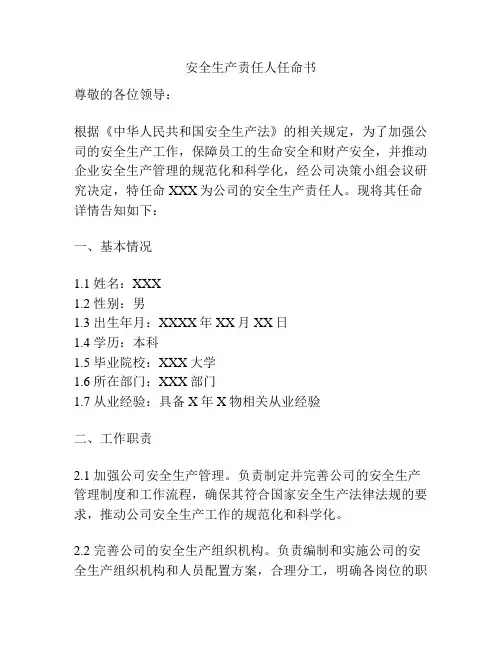安全生产责任人任命书