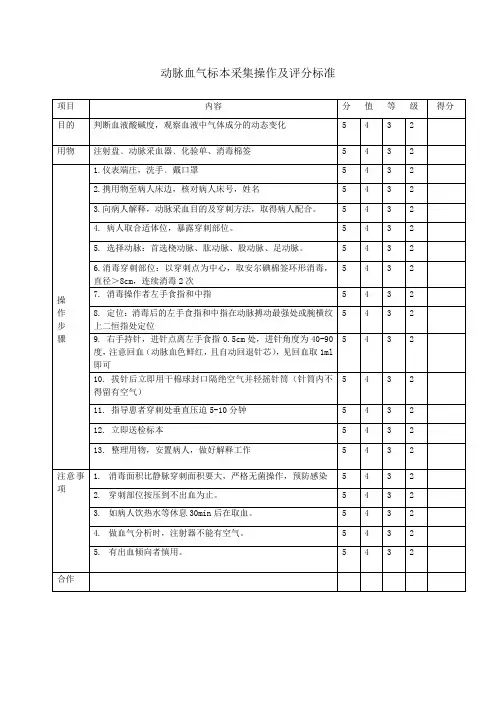 动脉血气标本采集操作及评分标准