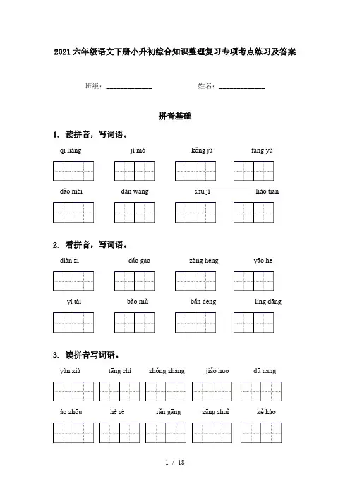 2021六年级语文下册小升初综合知识整理复习专项考点练习及答案