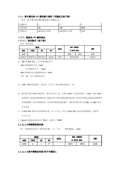 读卡器主机485通讯接口说明(引脚定义如下表)