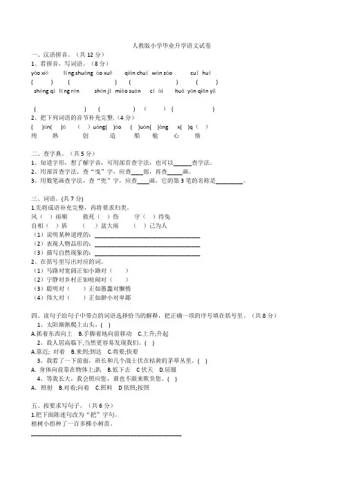 人教版小学毕业升学语文试卷