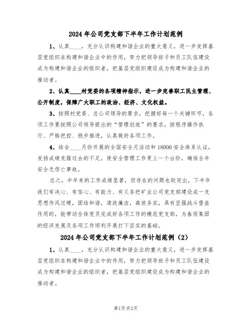 2024年公司党支部下半年工作计划范例(2篇)