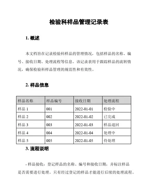 检验科样品管理记录表