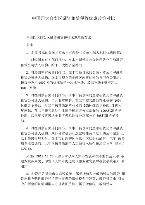 中国四大自贸区融资租赁税收优惠政策对比