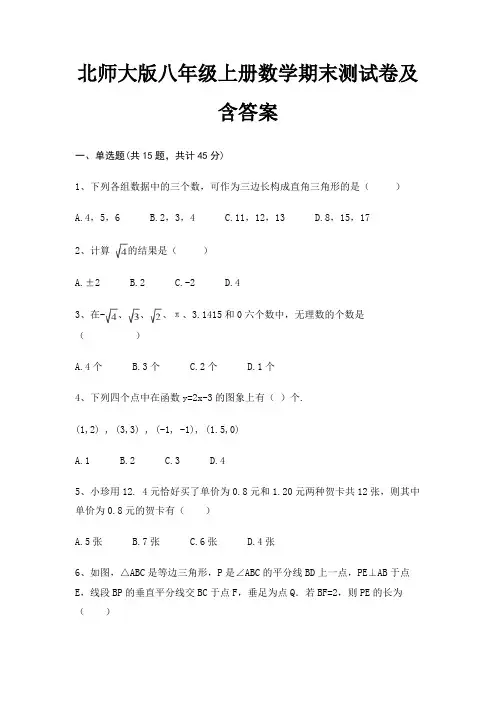 北师大版八年级上册数学期末测试卷及含答案
