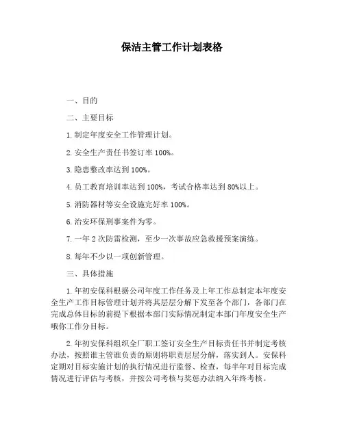 【工作计划范文】保洁主管工作计划表格