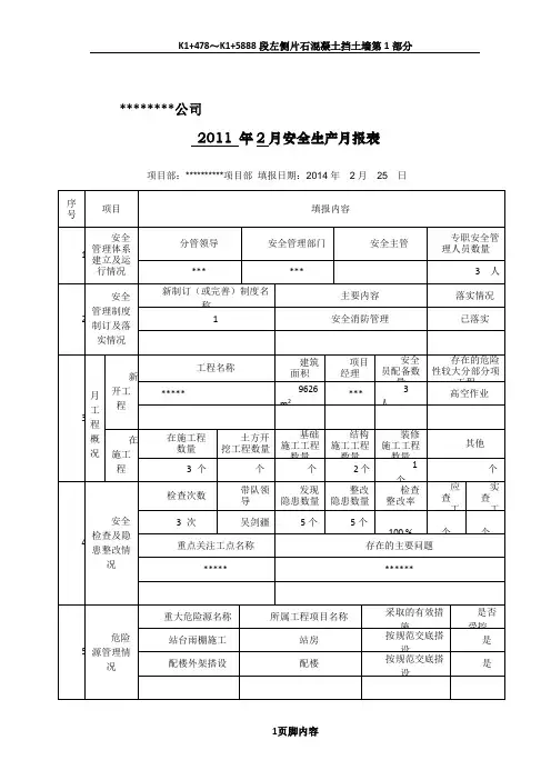 安全生产月报表样板