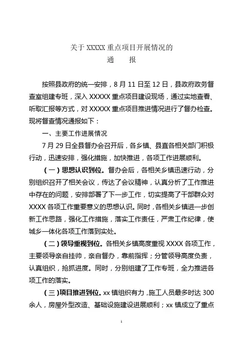 重点项目推进情况督查通报