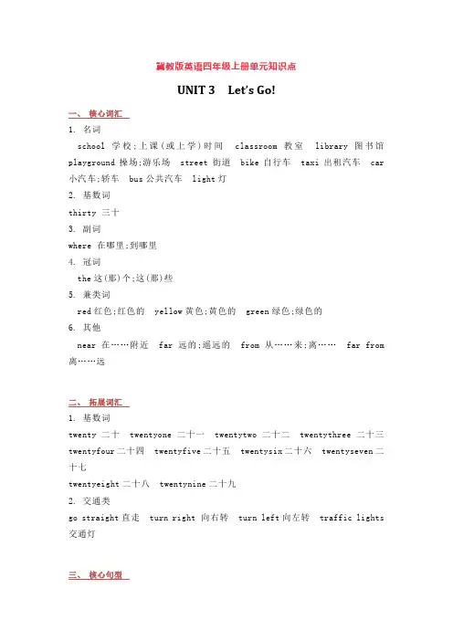 冀教版英语四年级上册Unit3单元知识点