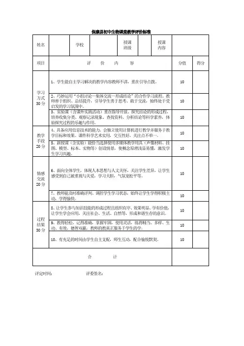 生物课堂教学评价标准