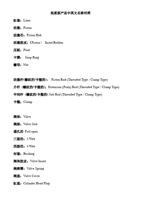 泥浆泵产品中英文名称对照