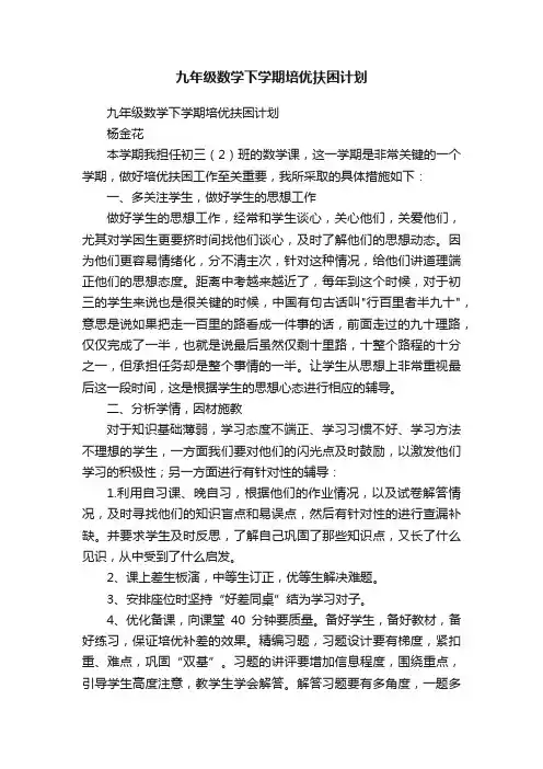 九年级数学下学期培优扶困计划