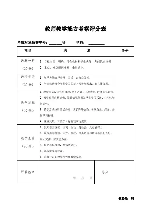 教师教学能力考察评分表