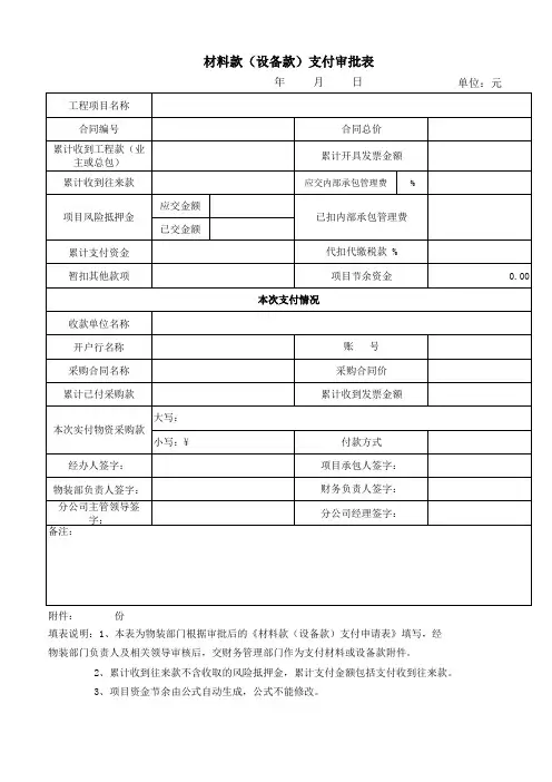 材料款(设备款)支付审批表