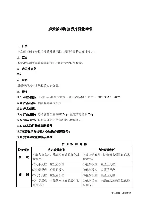 STP-QC 麻黄碱苯海拉明片质量标准