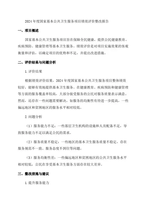 关于2024年度国家基本公共卫生服务项目绩效评价的整改报告