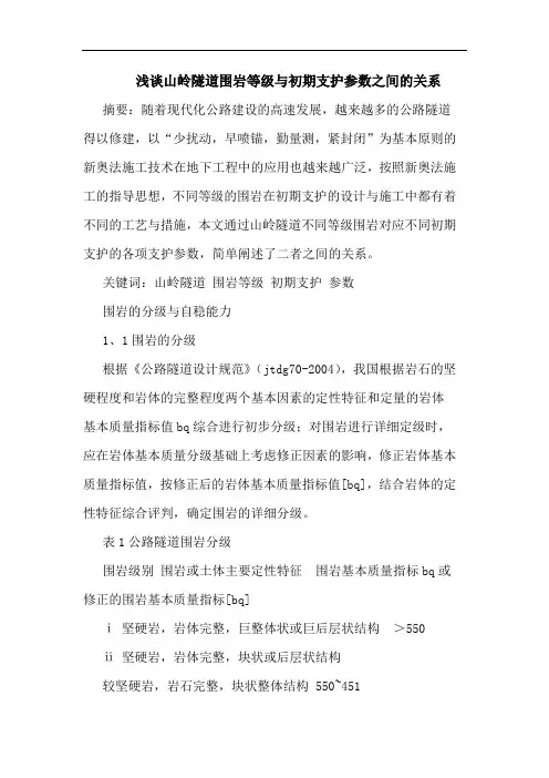 山岭隧道围岩等级与初期支护参数之间关系