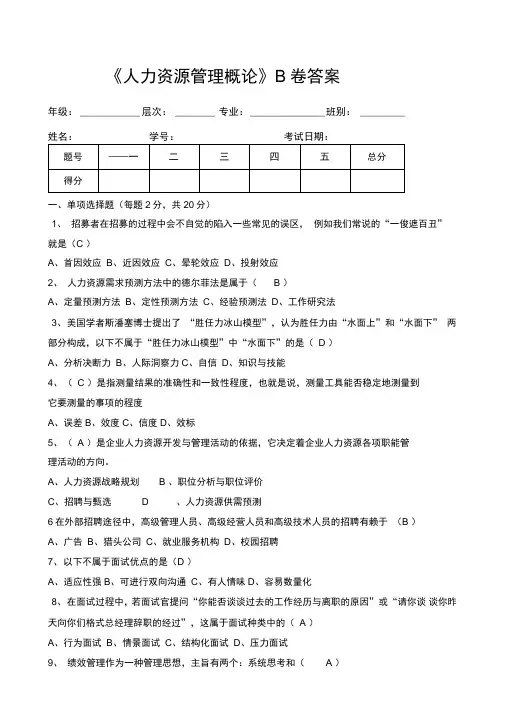 人力资源管理概论试题及答案