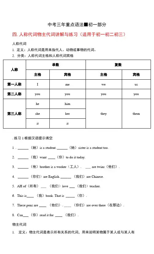 初中英语 中考三年重点语法-(初一部分)4 人称代词物主代词的讲解与练习