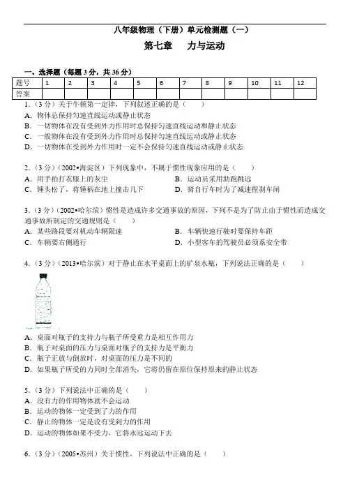 沪科版八年级《第7章 力与运动》2014年单元测试卷(附参考答案与试题解析)