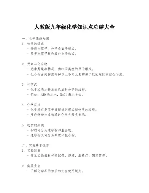 人教版九年级化学知识点总结大全