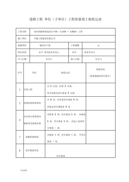 道路工程竣工验收记录表
