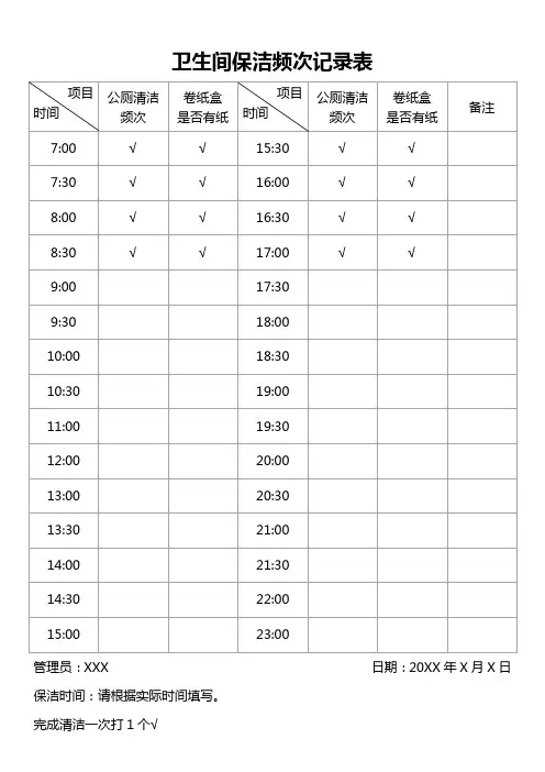 卫生间保洁频次记录表(标准版)