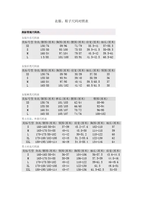 个人收集,实用的衣服、鞋子尺码对照表