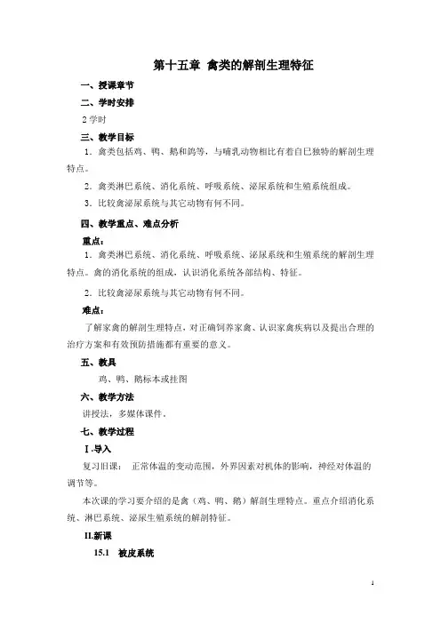 【江苏】中职畜禽解剖生理(主编王会香 孟婷 高教版)教案：第十五章 禽类的解剖生理特征