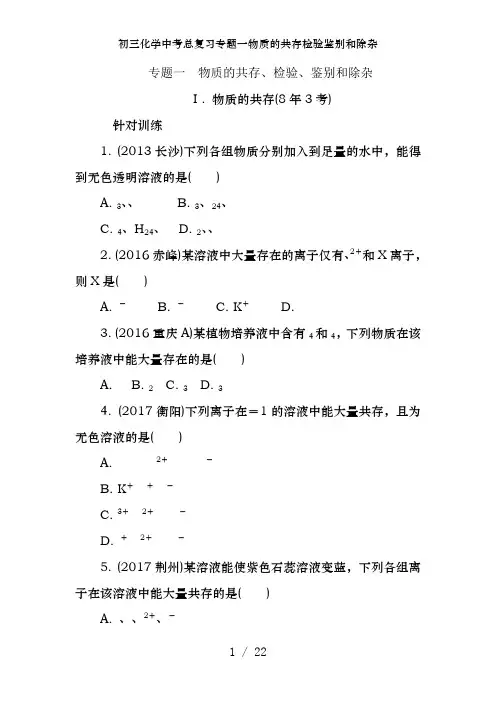 初三化学中考总复习专题一物质的共存检验鉴别和除杂