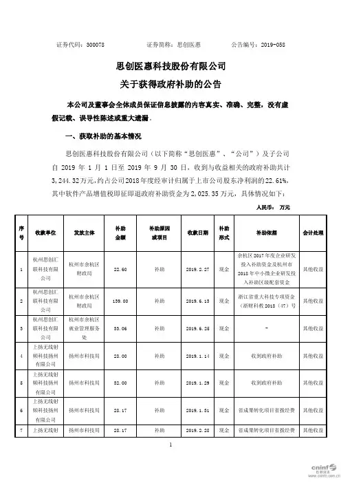 思创医惠：关于获得政府补助的公告