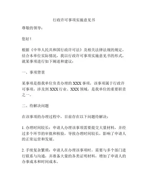 行政许可事项实施意见书