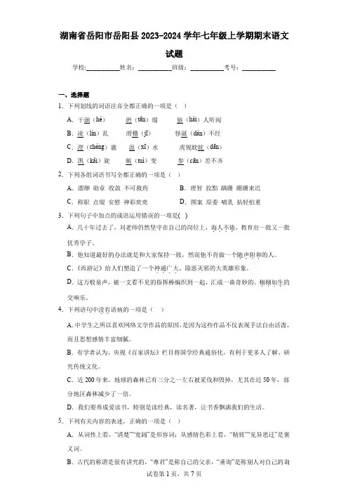 湖南省岳阳市岳阳县2023-2024学年七年级上学期期末语文试题