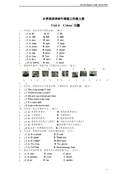 小学英语译林牛津版三年级上册 Unit 6 Colour 习题 v1