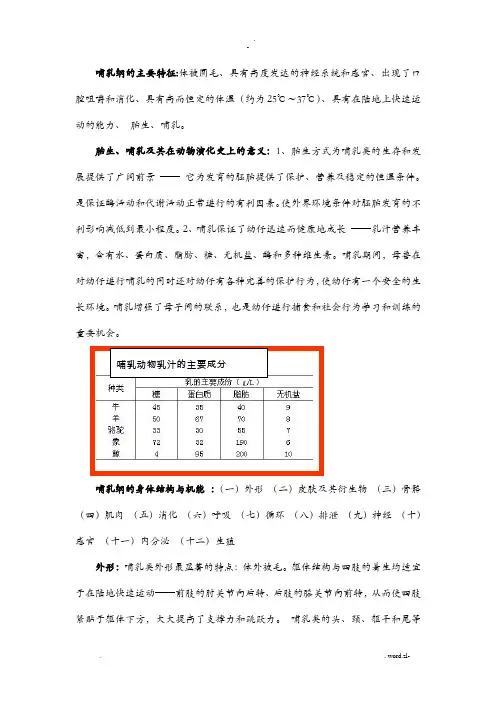 哺乳纲的主要特征