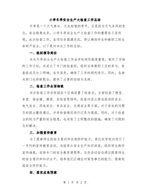 小学冬季安全生产大检查工作总结