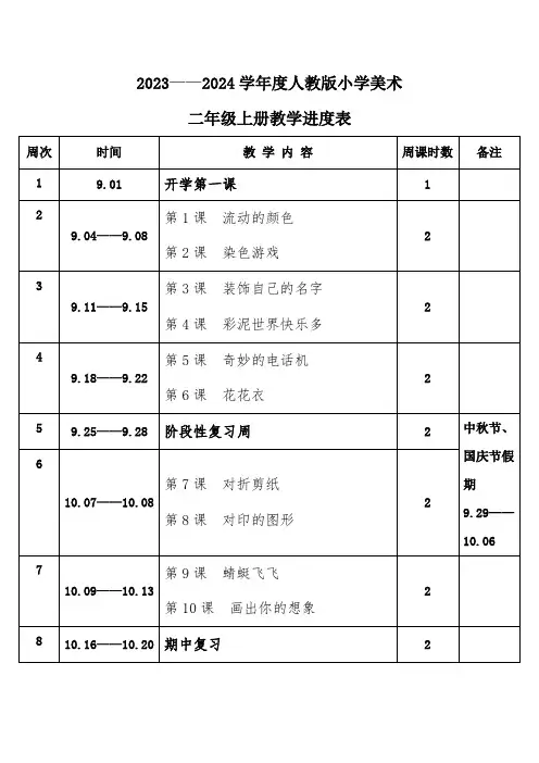 2023年秋学期人教版小学美术二年级上册教学进度表