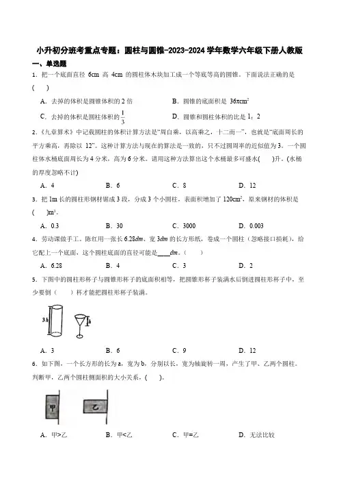 小升初分班考重点专题：圆柱与圆锥-2023-2024学年数学六年级下册人教版