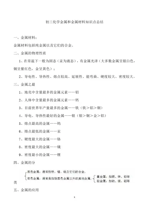 初三化学金属和金属材料知识点总结