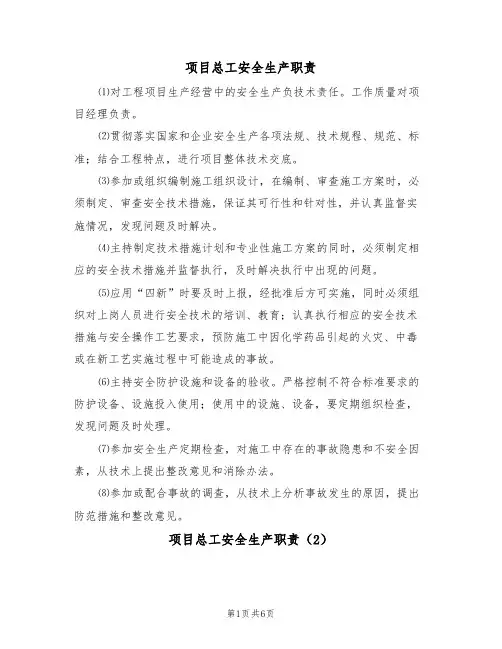 项目总工安全生产职责(5篇)